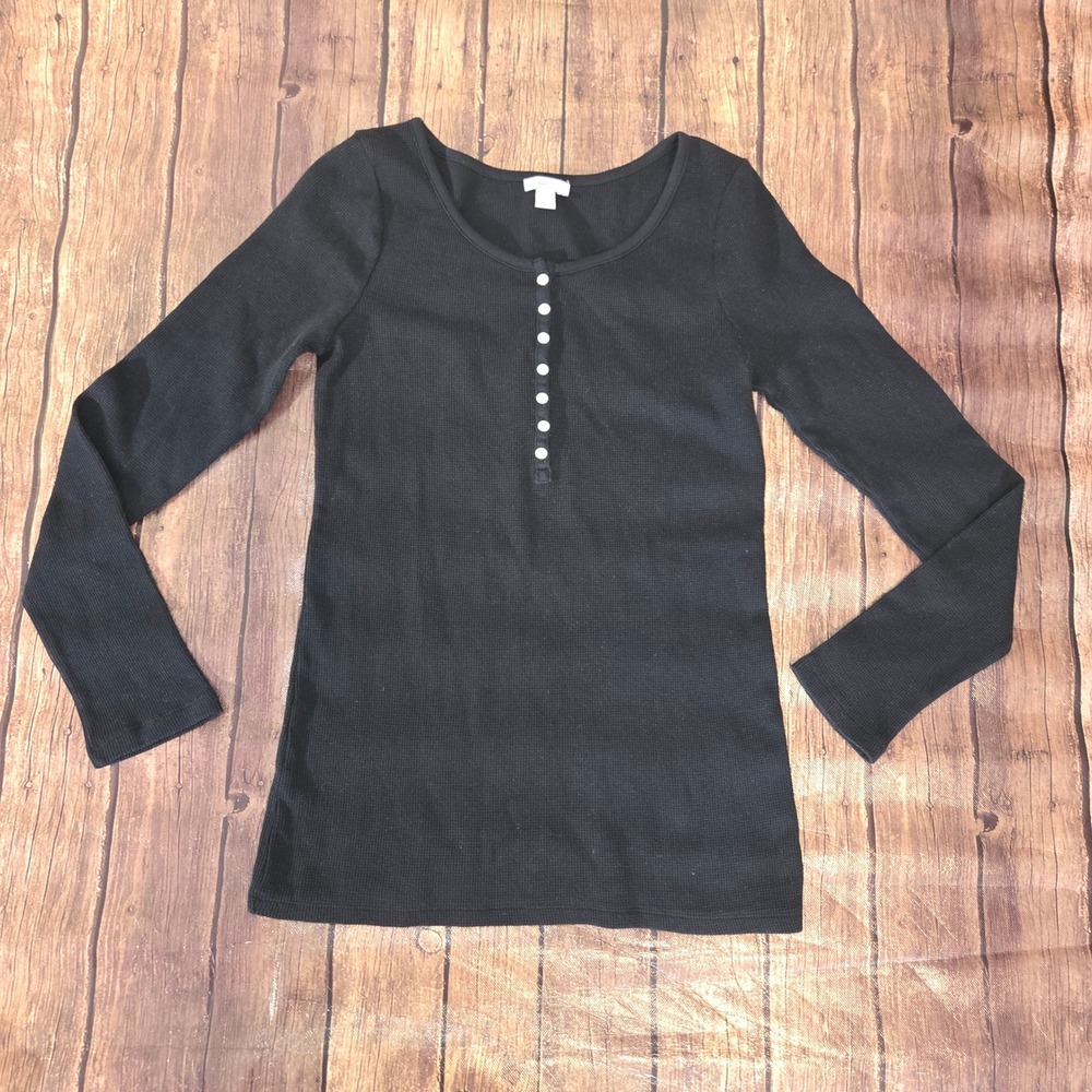 Old Navy Womens Black Waffle Knit Henley Bella Swan Size M Thermal Scoop‎ Neck